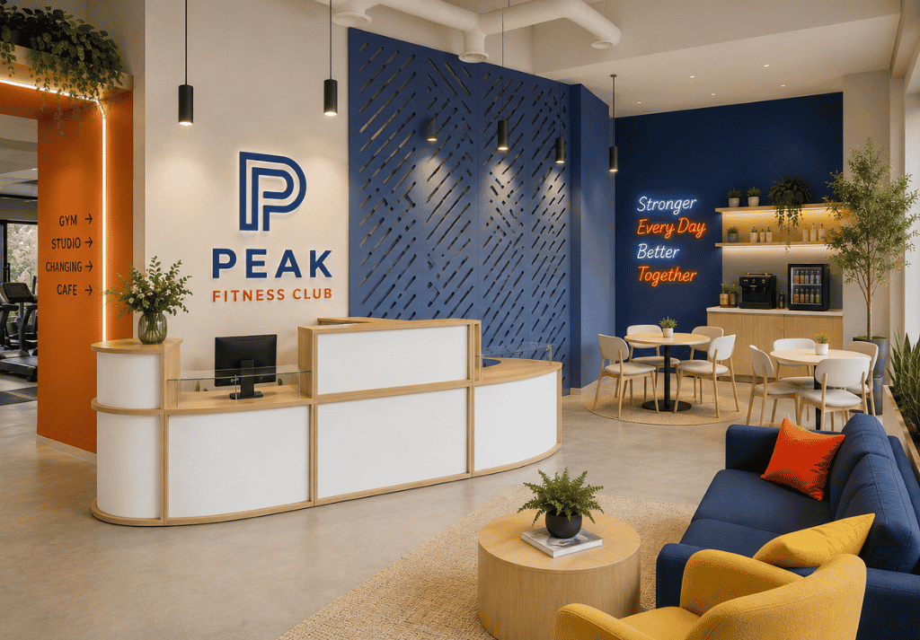 Stylish gym reception with bespoke reception desk, modular seating and coordinated branding.