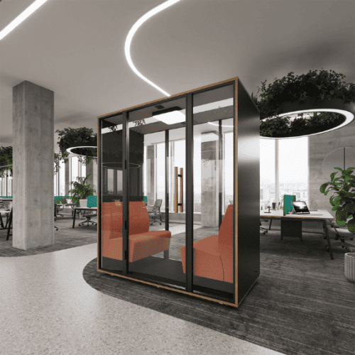 two person retreat pod by dams with black exterior and red seats