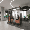 retreat two person acoustic pod by dams, uk manufactured with red seats and two people in a meeting