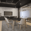 meeting room shot of the lux boardroom table with black top and wooden leg and the hampton meeting chair in grey with feature wall and tv