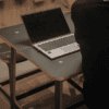 henry low table with bench stool in black with edging detail from JDD furniture close up view with laptop collaborative space
