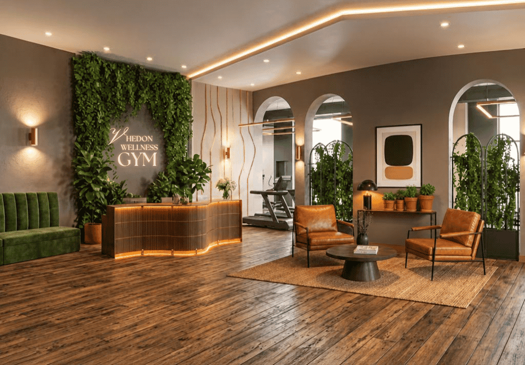 Modern gym reception with durable commercial furniture and lounge seating